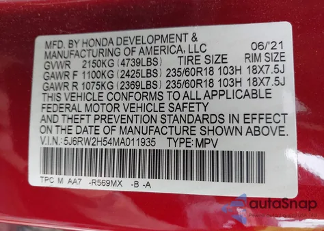 2021 Honda Cr-V Awd Ex z USA, uszkodzony, nr VIN 5J6RW2H54MA011935